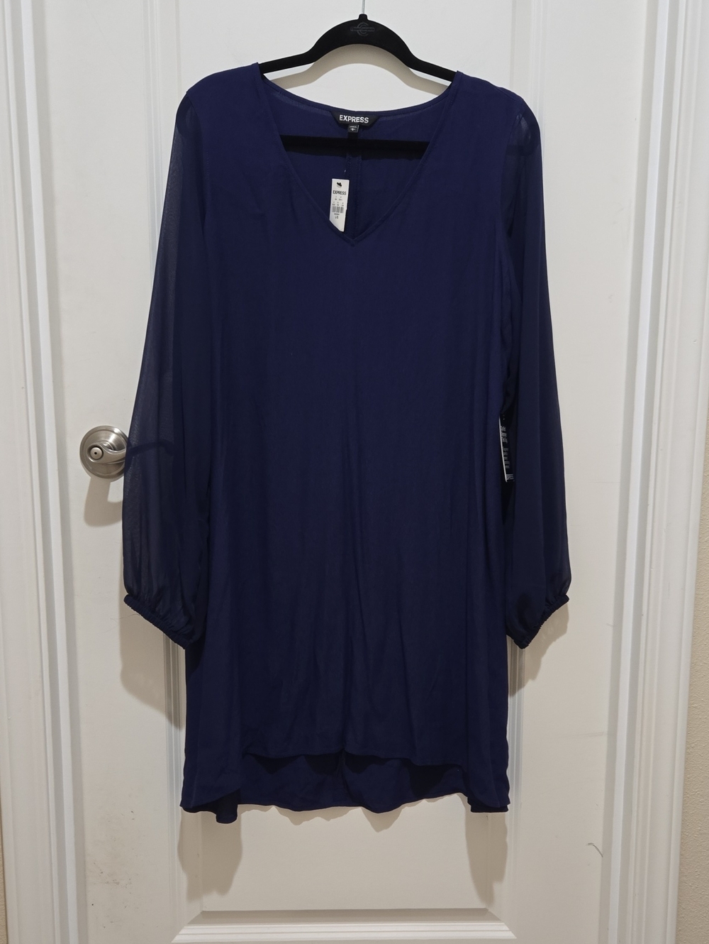 Express Navy Blue V-Neck Long Sheer Sleeve Dress